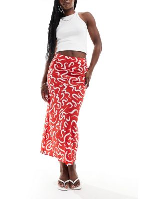Wednesday's Girl swirl print bias cut midaxi skirt in red