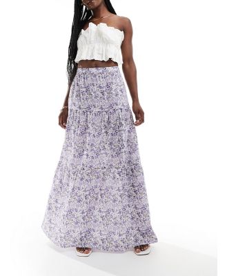 Wednesday's Girl tiered midaxi skirt in lilac ditsy floral-Blue