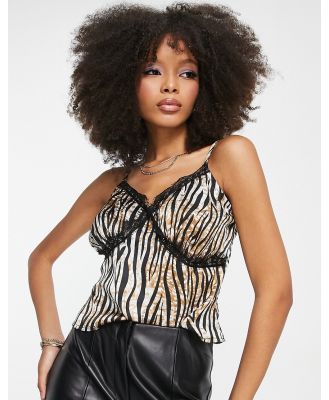 Wednesday's Girl zebra print lace trim satin cami top in multi (part of a set)-Navy
