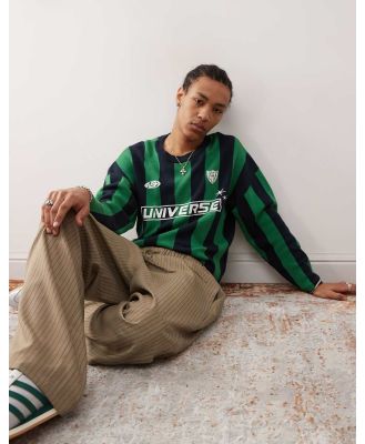 Weekday Alek jumper with football graphic in navy and green stripe