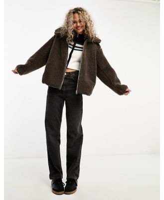 Weekday Demi borg jacket with zip front in chocolate-Brown