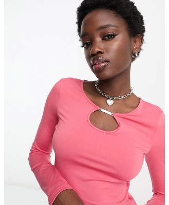 Weekday Enya long sleeve top with metal keyhole detail in pink