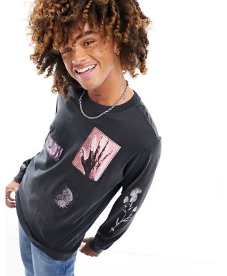 Weekday relaxed fit long sleeve t-shirt with graphic print patches in washed black