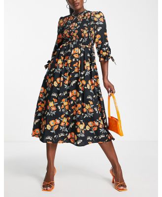 Whistles midi dress with smocking and tie sleeve in black and orange floral-Multi