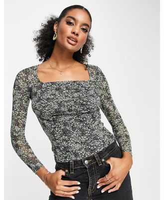 Whistles ruched mesh top in green floral print