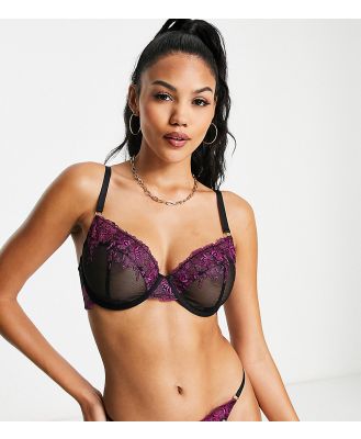 Wolf & Whistle Exclusive contrast floral embroidered mesh thong in black and purple