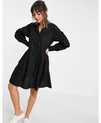 Y.A.S cotton poplin mini smock dress with v neck in black