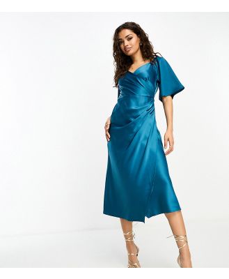 Y.A.S Petite Bridesmaid satin flutter sleeve midi dress in deep teal green