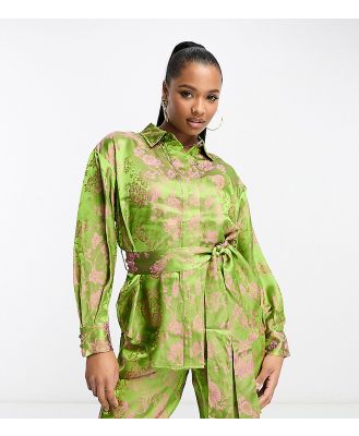 Y.A.S Petite floral jacquard belted shirt in green and pink (part of a set)