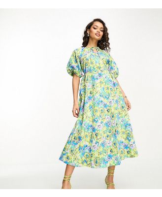 Y.A.S Petite smock midi dress with cut out side details in floral print-Multi