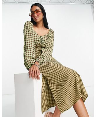 Y.A.S sweetheart neck midi dress in brown & yellow check-Multi