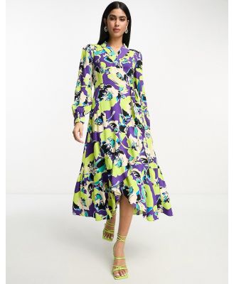 Y.A.S wrap collared midi dress in purple and lime abstract pansy print-Multi