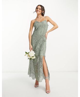 YAS Bridesmaid embroidered strappy pencil midi dress in sage-Green