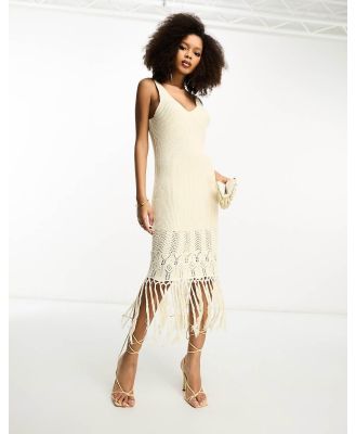 YAS crochet maxi dress with fringe hem detail in cream-White