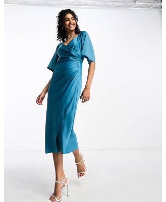 Y.A.S Bridesmaid satin flutter sleeve midi dress in deep teal green