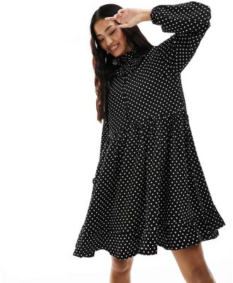 Y.A.S high neck frill mini smock dress in black polka dot