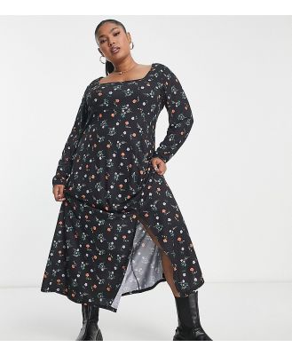 Yours Exclusive square neck long sleeve midi dress with side split in black ditsy floral