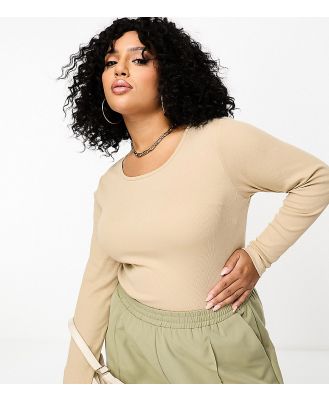 Yours long sleeve ribbed bodysuit in beige-Neutral