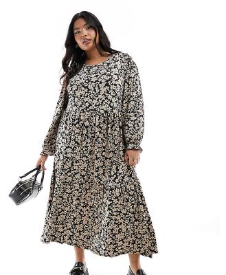 Yours printed midi dress in black floral-Multi