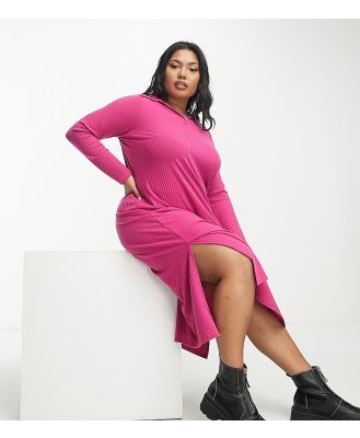 Yours ribbed collared midi dress in bright pink