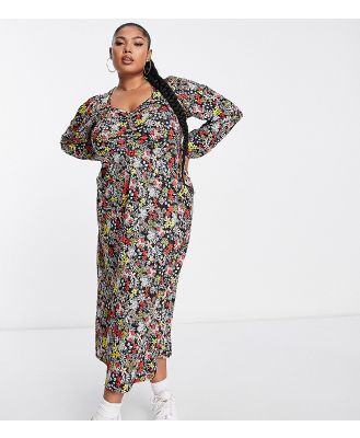 Yours ruched front midi dress in black floral
