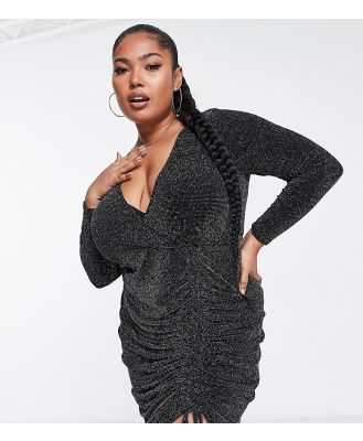 Yours side ruched wrap dress in black glitter-Silver