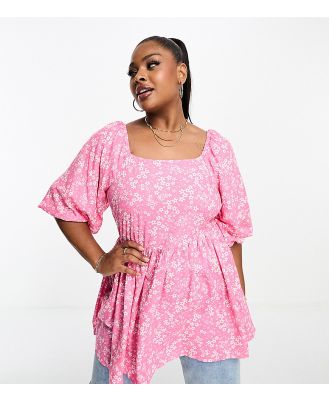 Yours tie back puff sleeve peplum top in pink ditsy floral