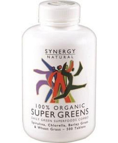 SYNERGY NATURAL Organic Super Greens (Spirulina, Chlorella, Barley Grass & Wheat Grass) 500t