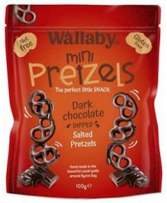 Wallaby Mini Pretzels Dark Chocolate Dipped Salted Pretzels G/F 100g