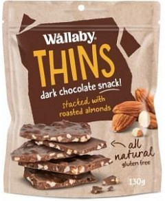 Wallaby Thins Dark Chocolate Snack with Roasted Almonds G/F 130g