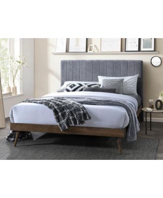 Grey Fabric Queen Headboard and Wood Bed Base Bundle