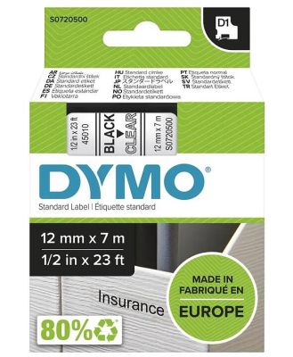 Dymo 12mm x7m D1 Label Tape - Black On Clear