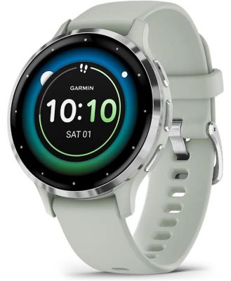 Garmin Venu 3S Silver stainless steel bezel with sage grey case and silicone band 010-02785-01