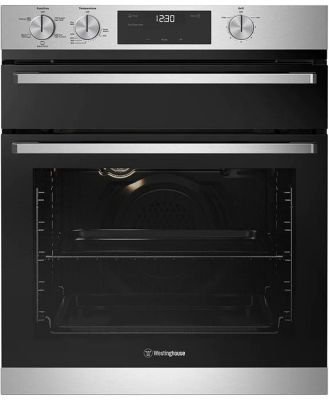 Westinghouse 60cm multi-function 5 stainless steel underbench oven with separate grill, fast heat up, programmable timer, and 80L WVE6555SD