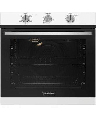 Westinghouse 60cm multi-function 5 white oven with 10 Amp plug, 2 hour auto-off timer, knob controls, and 80L WVE6314WD