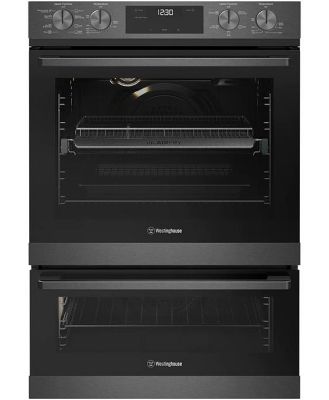 Westinghouse 60cm multi-function 8/5 dark stainless steel duo oven with AirFry, telescopic runners, programmable timer, and 80L/46L WVE6526DD