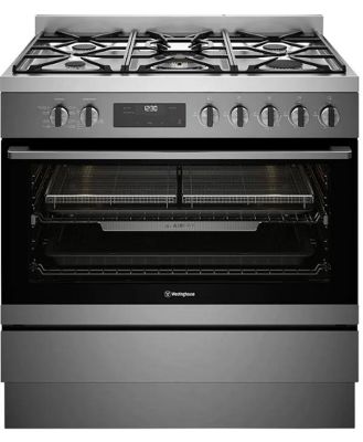 Westinghouse 90cm dual fuel freestanding oven with 5 burner gas cooktop, multi-function 8 oven, AirFry, 125L WFE9516DD