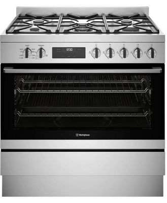 Westinghouse 90cm dual fuel freestanding oven with 5 burner gas cooktop, multi-function 8 oven with Twin Fan, and 125L WFE9515SD