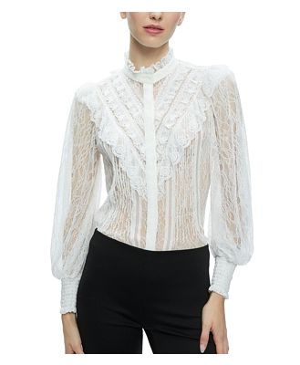 Alice and Olivia Lace Smocked Cuff Button Up Blouse