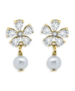 Aqua Cubic Zirconia Flower & Cultured Freshwater Pearl Drop Earrings in 18K Gold Plated Sterling Silver - 100% Exclusive