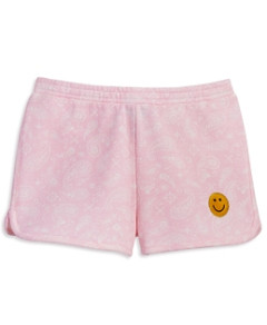 Aqua Girls' Cotton Blend Bandana Print Smiley Patch Regular Fit Shorts, Little Kid, Big Kid - 100% Exclusive