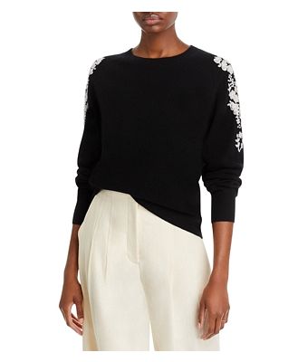 C by Bloomingdale's Cashmere Embellished Embroidered Floral Crewneck Cashmere Sweater - 100% Exclusive