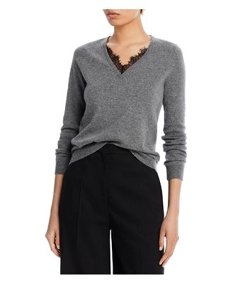 C by Bloomingdale's Cashmere V-Neck Lace Trim Cashmere Sweater - 100% Exclusive
