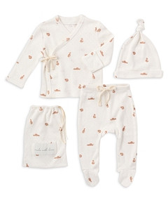 Elegant Baby Unisex Fox Print Wrap Top, Footed Pants & Hat Gift Set - Baby