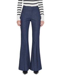 Frame Pleated High Rise Long Flare Denim Trousers in Rinse