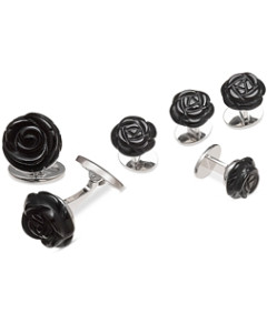 Jan Leslie Carved Rose Sterling Silver & Black Onyx Stud & Cufflink Set
