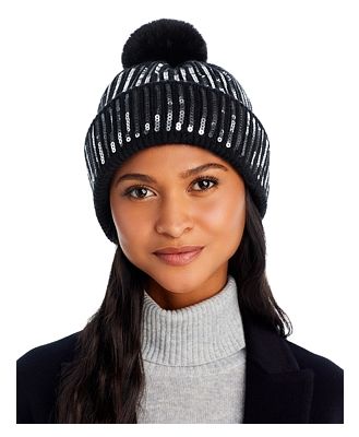 Jocelyn Faux Fur Pom Pom Sequin Knit Hat