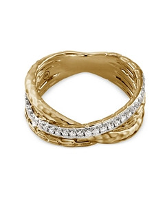 John Hardy 18K Gold Classic Chain Diamond Hammered Crossover Ring