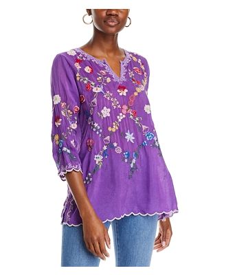 Johnny Was Daisy Petal Embroidered Scalloped Edge Top