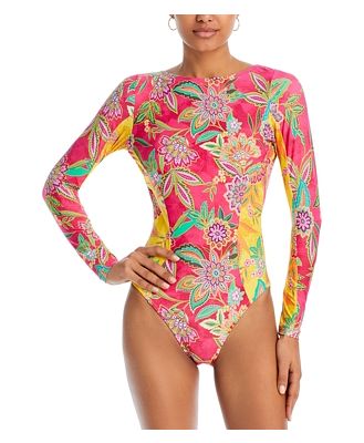 Johnny Was Kaleida And Flamingo Printed Long Sleeve One Piece Swimsuit
